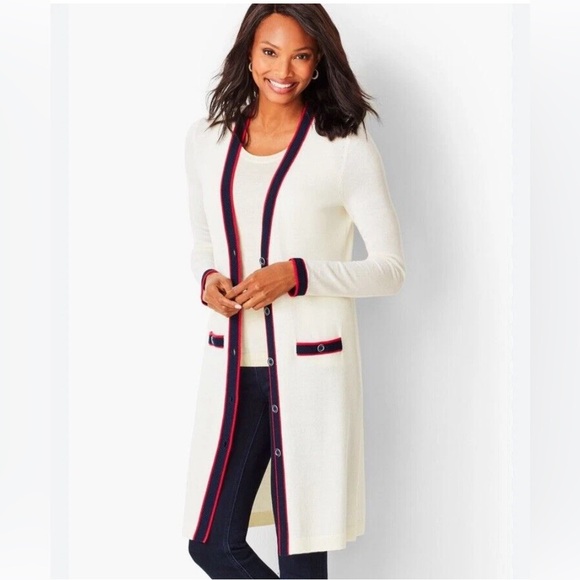Talbots 100% Merino Wool Long Cardigan Sweater S Ivory Tipped Trim Duster Preppy - Picture 1 of 7